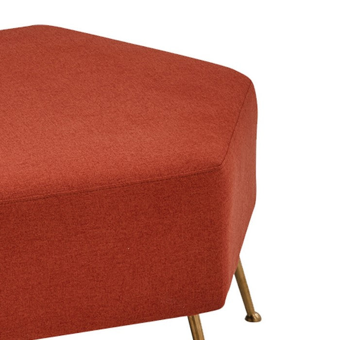 Contemporary Dual Tone Hexagon Ottoman with Angular Legs, Orange and Gold