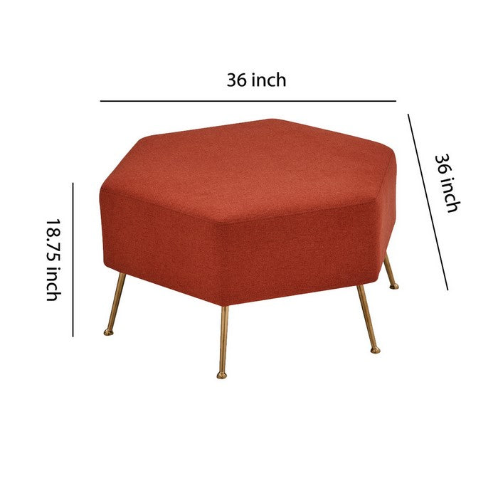 Contemporary Dual Tone Hexagon Ottoman with Angular Legs, Orange and Gold