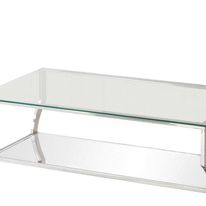 Glass Top Coffee Table with Metal Frame and Mirror Shelf, Chrome