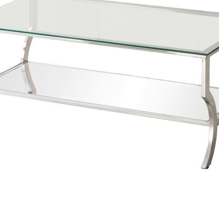 Glass Top Coffee Table with Metal Frame and Mirror Shelf, Chrome