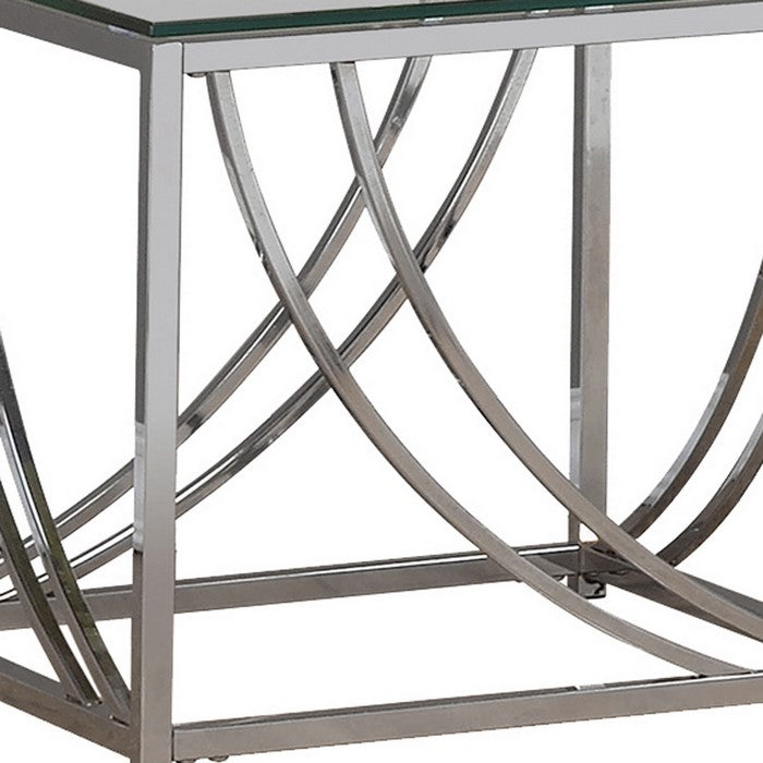 Tempered Glass Top End Table with Metal Tubular Legs, Chrome and Clear