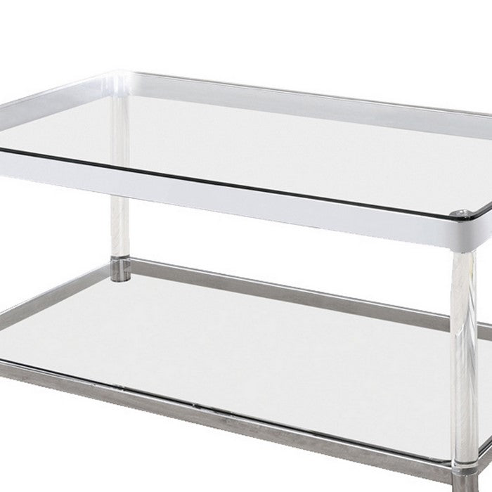 Acrylic Frame Coffee Table with Glass Top and Bottom Shelf,Clear and Chrome