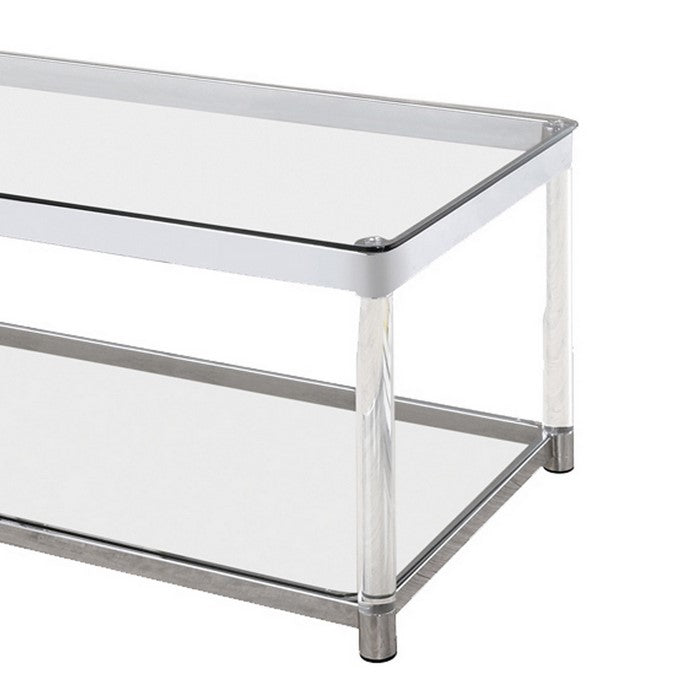 Acrylic Frame Coffee Table with Glass Top and Bottom Shelf,Clear and Chrome