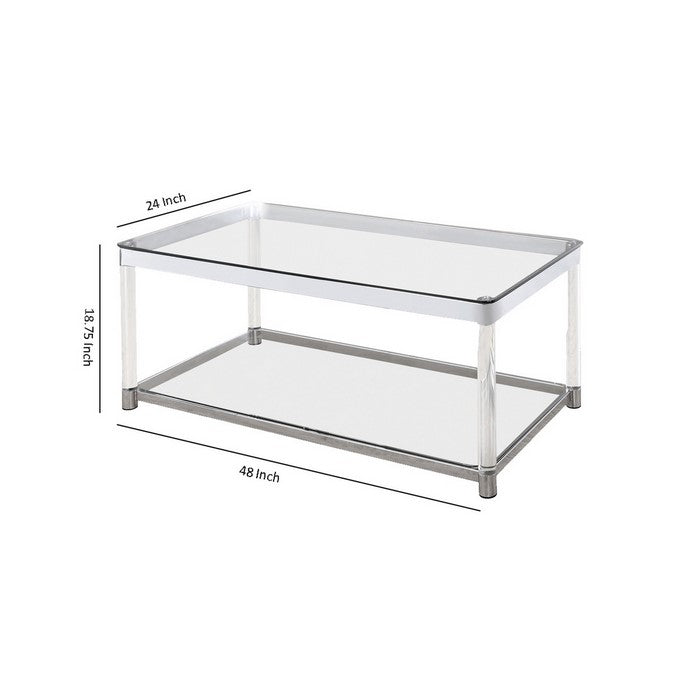 Acrylic Frame Coffee Table with Glass Top and Bottom Shelf,Clear and Chrome
