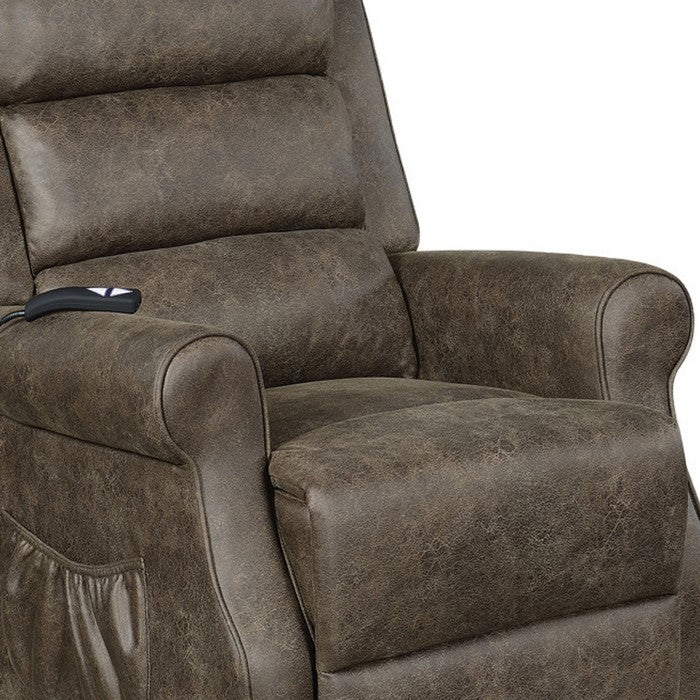 Faux Suede Upholstered Power Lift Recliner with Rolled Arms, Brown