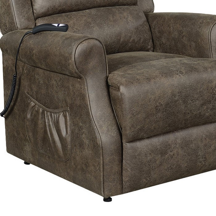 Faux Suede Upholstered Power Lift Recliner with Rolled Arms, Brown