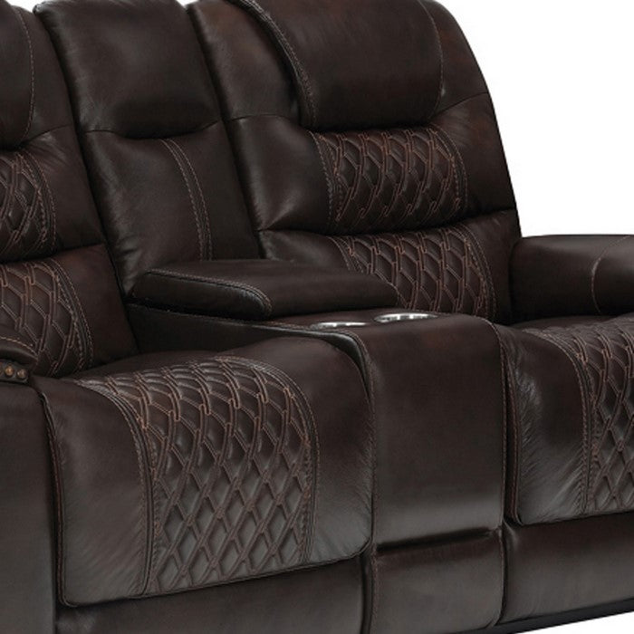 Nailhead Leatherette Power Recliner Loveseat with Diamond Tufting, Dark Brown
