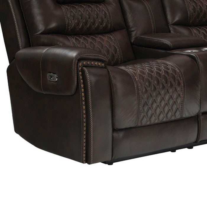 Nailhead Leatherette Power Recliner Loveseat with Diamond Tufting, Dark Brown
