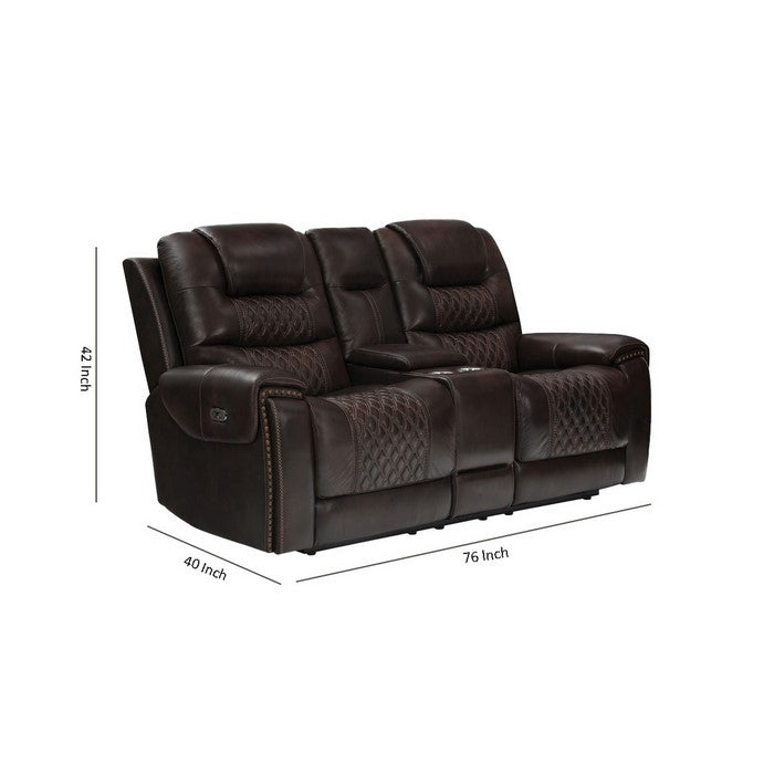 Nailhead Leatherette Power Recliner Loveseat with Diamond Tufting, Dark Brown