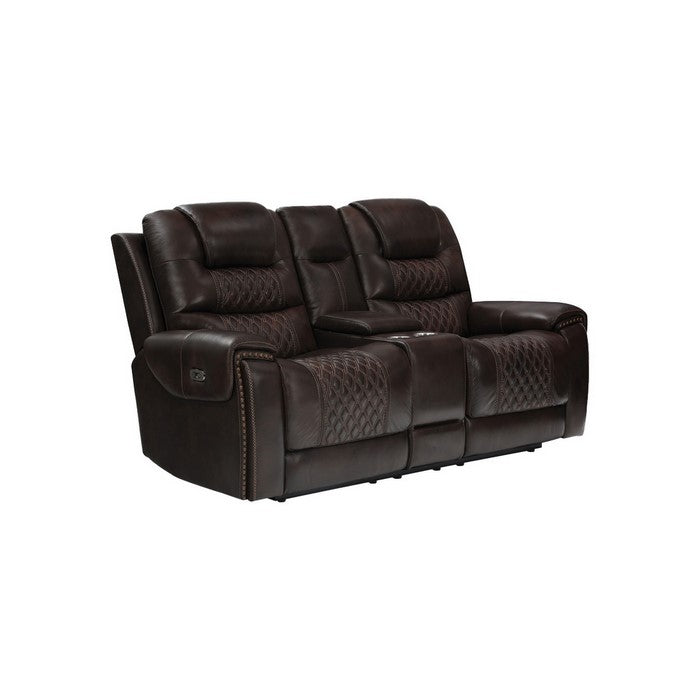 Nailhead Leatherette Power Recliner Loveseat with Diamond Tufting, Dark Brown