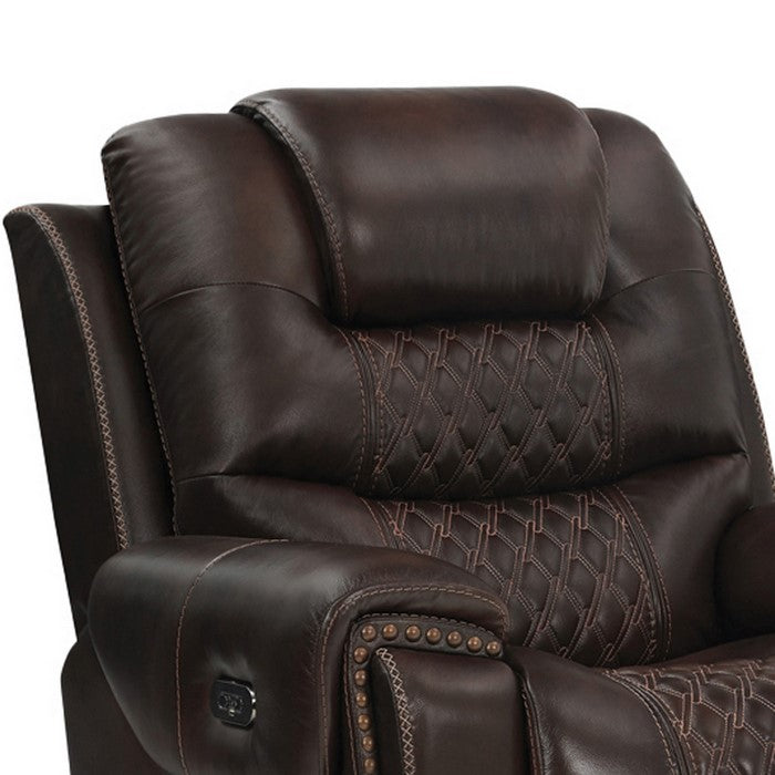Nailhead Leatherette Power Recliner Glider with Diamond Tufting, Dark Brown