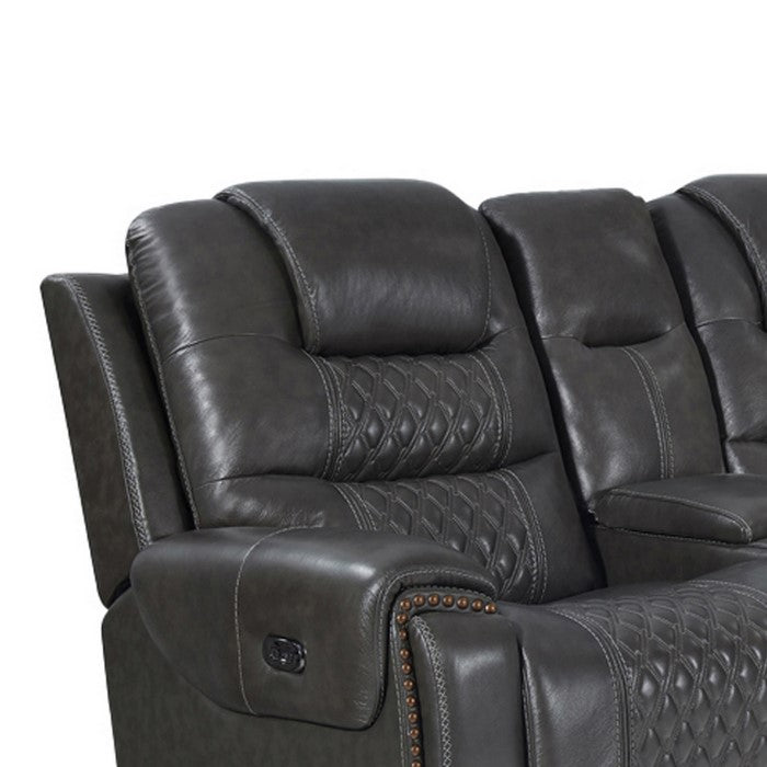 Nailhead Leatherette Power Recliner Loveseat with Diamond Tufting, Gray