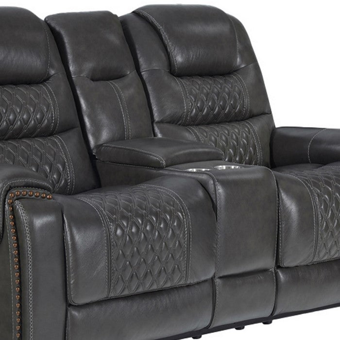 Nailhead Leatherette Power Recliner Loveseat with Diamond Tufting, Gray