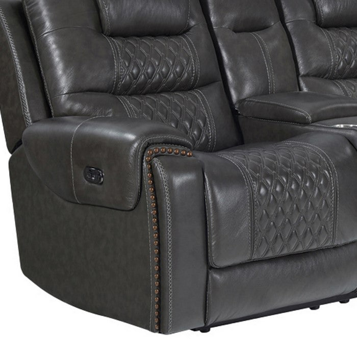 Nailhead Leatherette Power Recliner Loveseat with Diamond Tufting, Gray