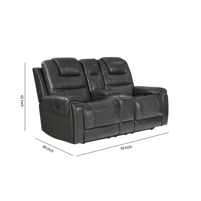 Nailhead Leatherette Power Recliner Loveseat with Diamond Tufting, Gray
