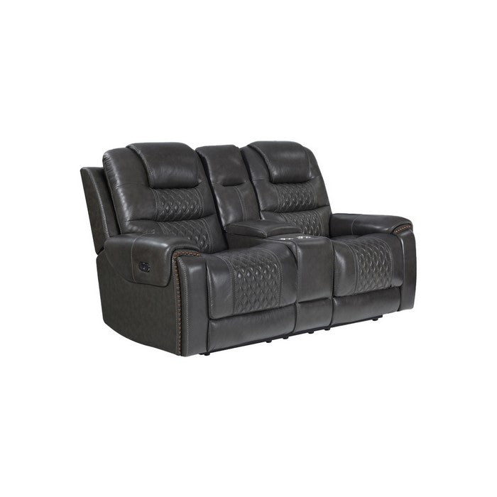 Nailhead Leatherette Power Recliner Loveseat with Diamond Tufting, Gray