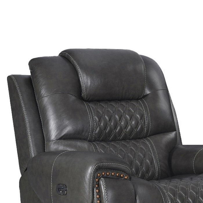 Nailhead Leatherette Power Recliner Glider with Diamond Tufting, Gray