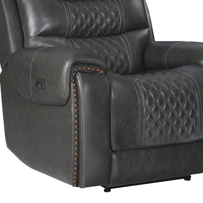 Nailhead Leatherette Power Recliner Glider with Diamond Tufting, Gray