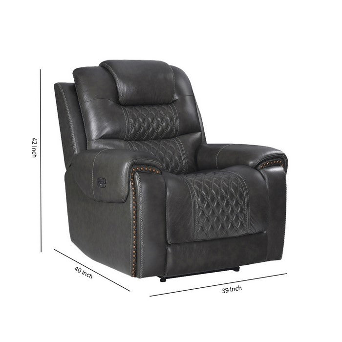 Nailhead Leatherette Power Recliner Glider with Diamond Tufting, Gray