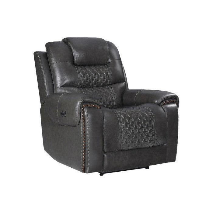 Nailhead Leatherette Power Recliner Glider with Diamond Tufting, Gray
