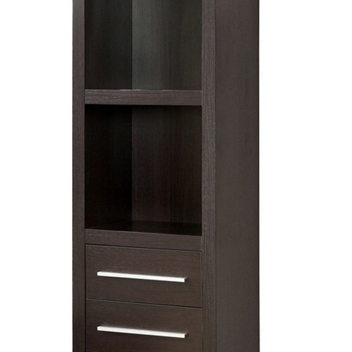 3 Open Compartment Wooden Media Tower with 2 Drawers, Dark Brown