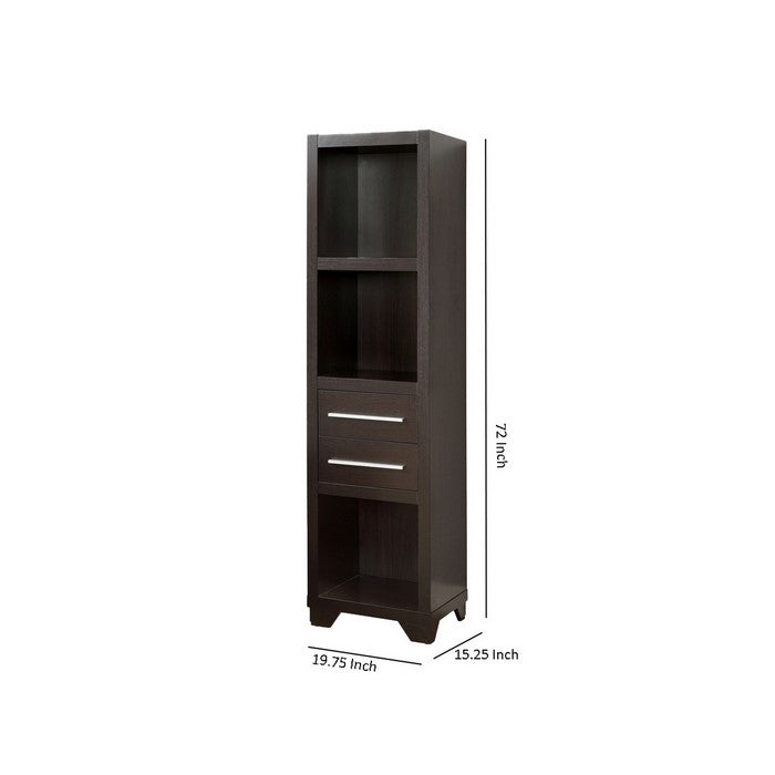 3 Open Compartment Wooden Media Tower with 2 Drawers, Dark Brown
