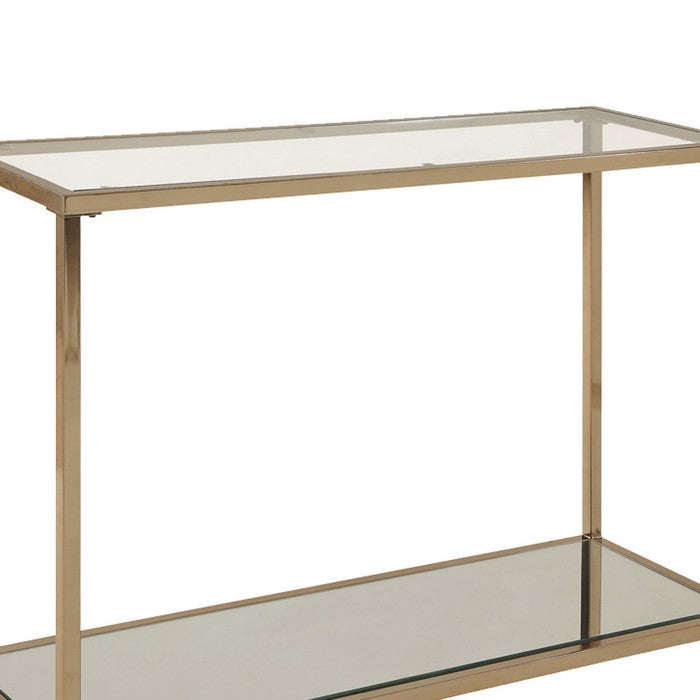 Glass Top Sofa Table with Metal Frame and Open Shelf, Brass and Clear