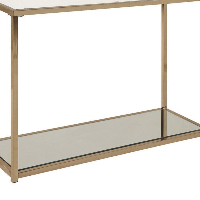 Glass Top Sofa Table with Metal Frame and Open Shelf, Brass and Clear