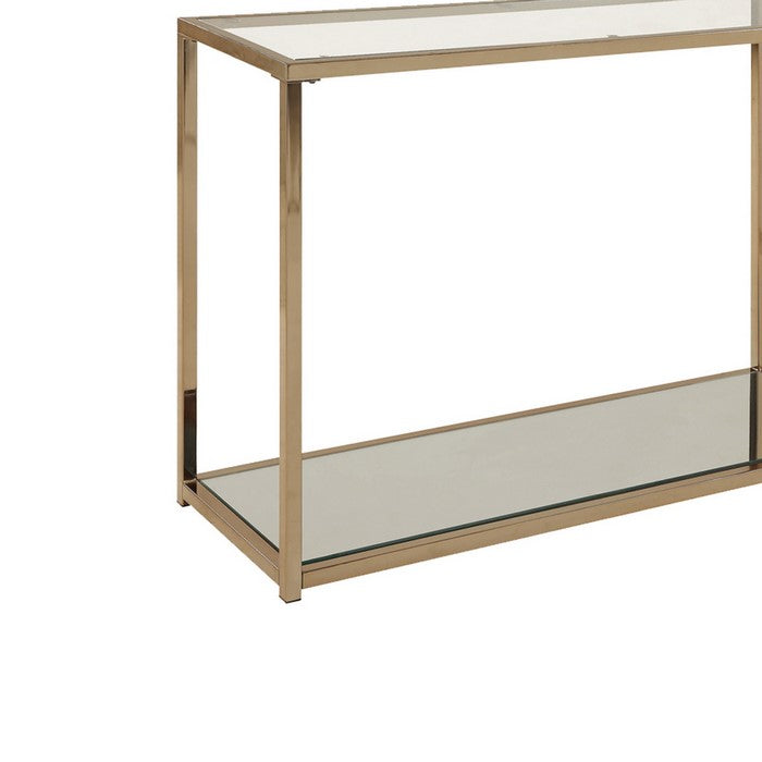 Glass Top Sofa Table with Metal Frame and Open Shelf, Brass and Clear