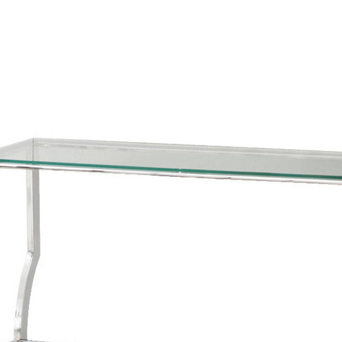 Glass Top Sofa Table with Metal Frame and Mirror Shelf, Chrome