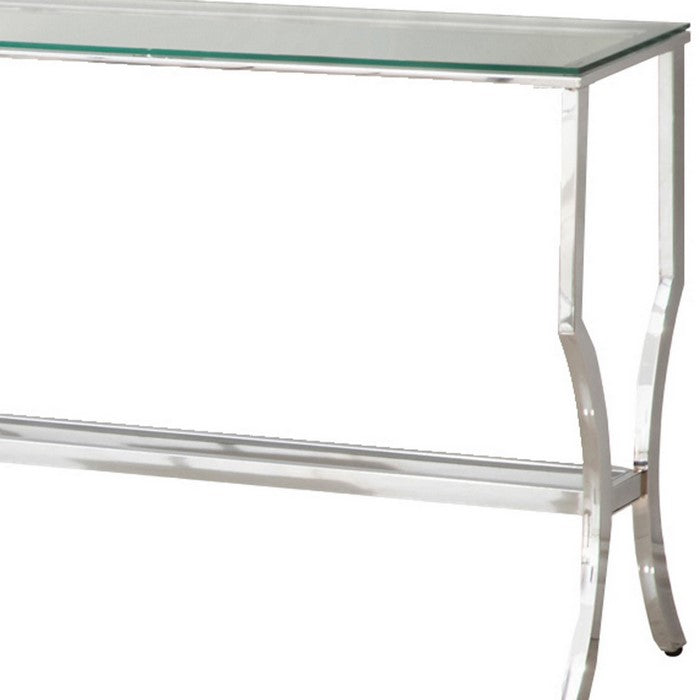 Glass Top Sofa Table with Metal Frame and Mirror Shelf, Chrome