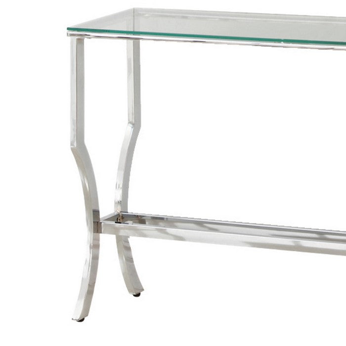 Glass Top Sofa Table with Metal Frame and Mirror Shelf, Chrome