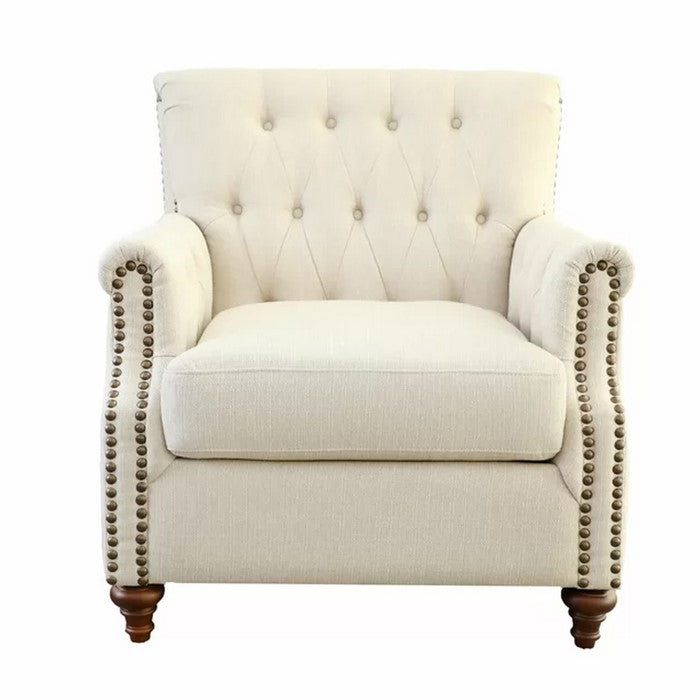 Fabric Upholstered Chair with Button Tufted Details and Side Pocket, Beige