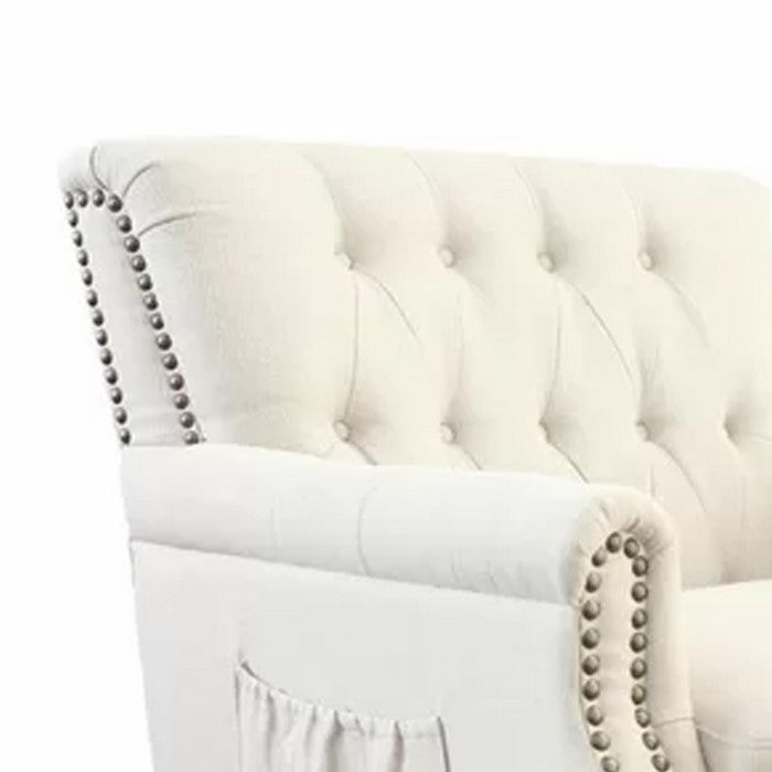 Fabric Upholstered Chair with Button Tufted Details and Side Pocket, Beige