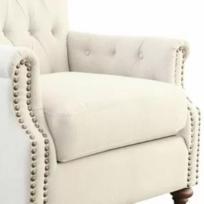 Fabric Upholstered Chair with Button Tufted Details and Side Pocket, Beige