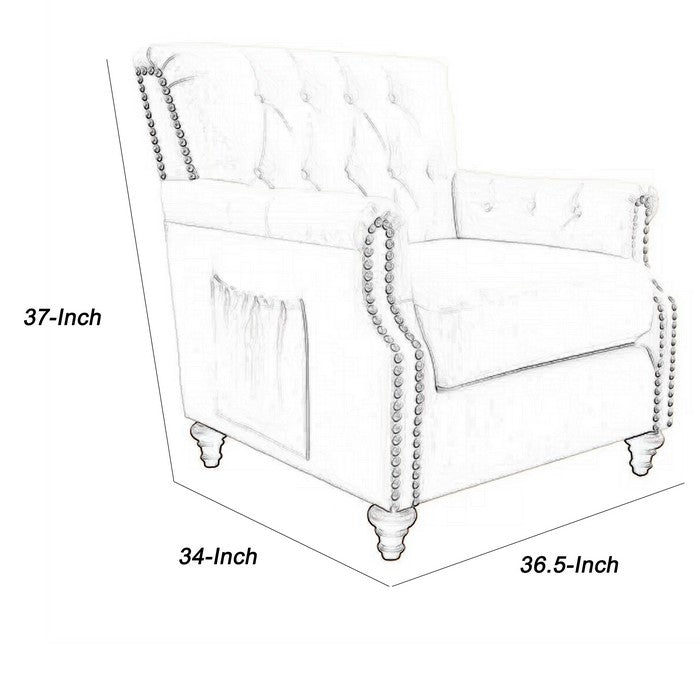 Fabric Upholstered Chair with Button Tufted Details and Side Pocket, Beige