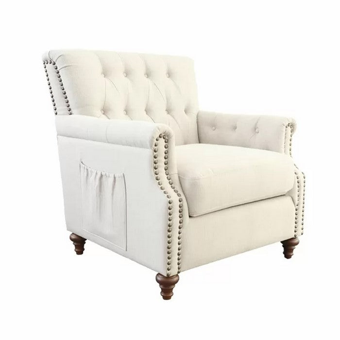 Fabric Upholstered Chair with Button Tufted Details and Side Pocket, Beige