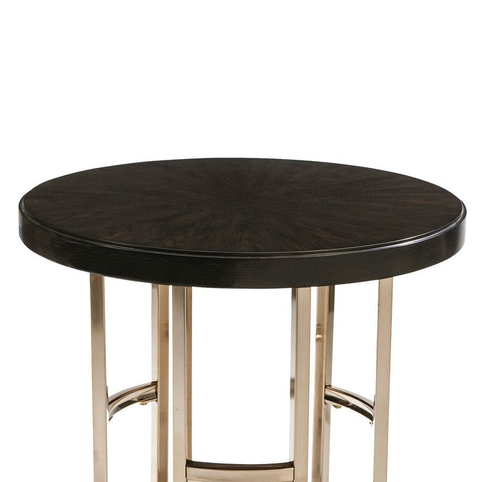 Round Wood Top End Table with U shaped Legs, Brown and Gold
