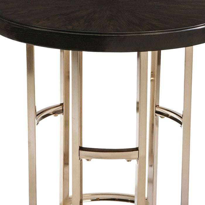 Round Wood Top End Table with U shaped Legs, Brown and Gold