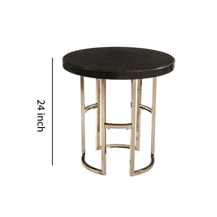 Round Wood Top End Table with U shaped Legs, Brown and Gold