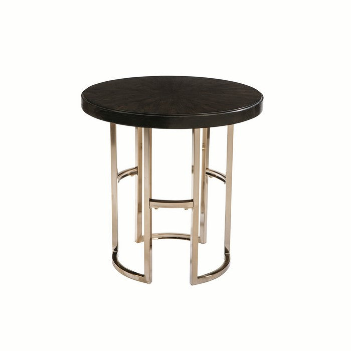 Round Wood Top End Table with U shaped Legs, Brown and Gold