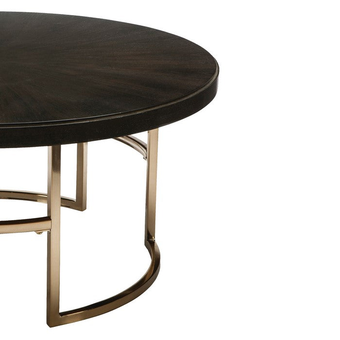 Round Wood Top Coffee Table with U shaped Legs, Brown and Gold