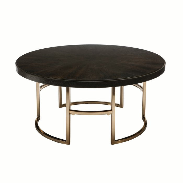 Round Wood Top Coffee Table with U shaped Legs, Brown and Gold