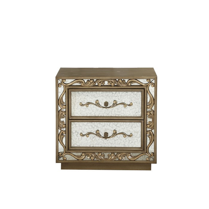 2 Drawer Wooden Nightstand with Floral Metal Pulls and Scrollwork, Gold