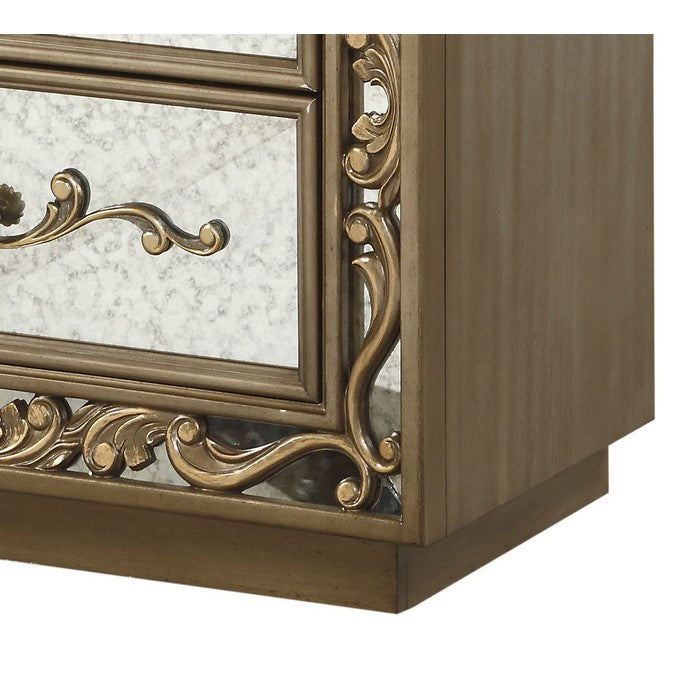 2 Drawer Wooden Nightstand with Floral Metal Pulls and Scrollwork, Gold