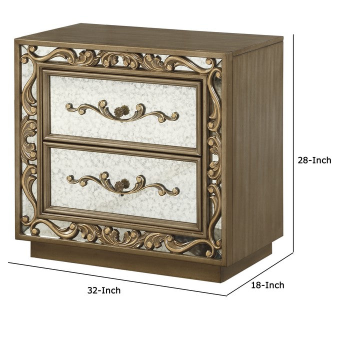 2 Drawer Wooden Nightstand with Floral Metal Pulls and Scrollwork, Gold