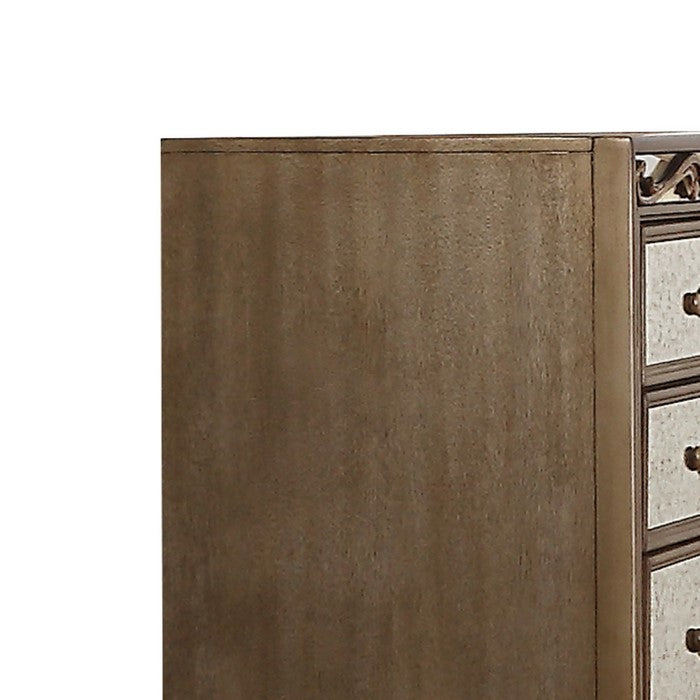 5 Drawer Wooden Chest with Mirror Inserts and Scrollwork, Gold