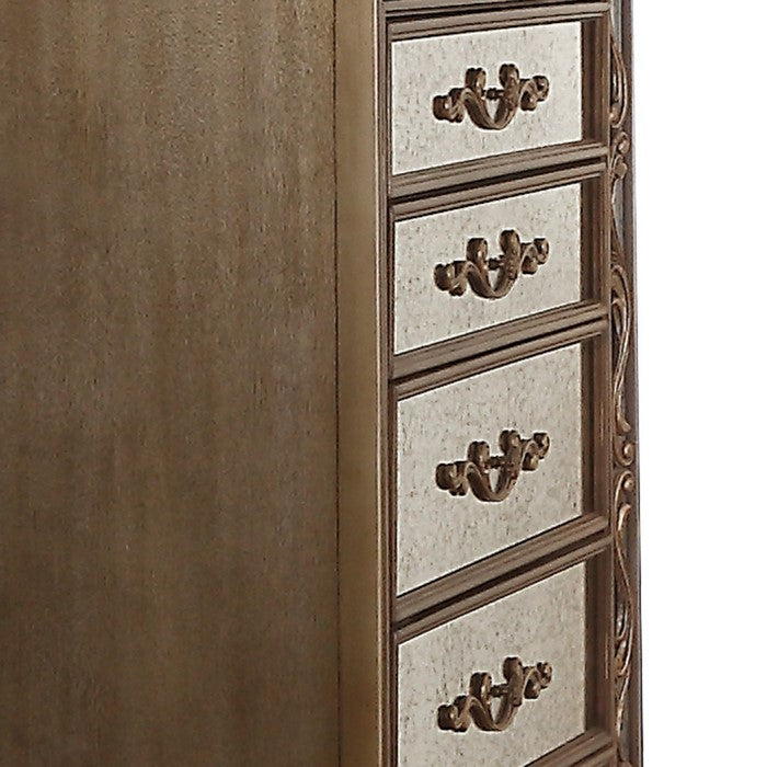 5 Drawer Wooden Chest with Mirror Inserts and Scrollwork, Gold