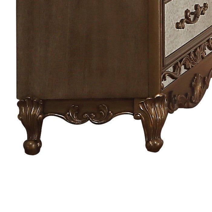 5 Drawer Wooden Chest with Mirror Inserts and Scrollwork, Gold