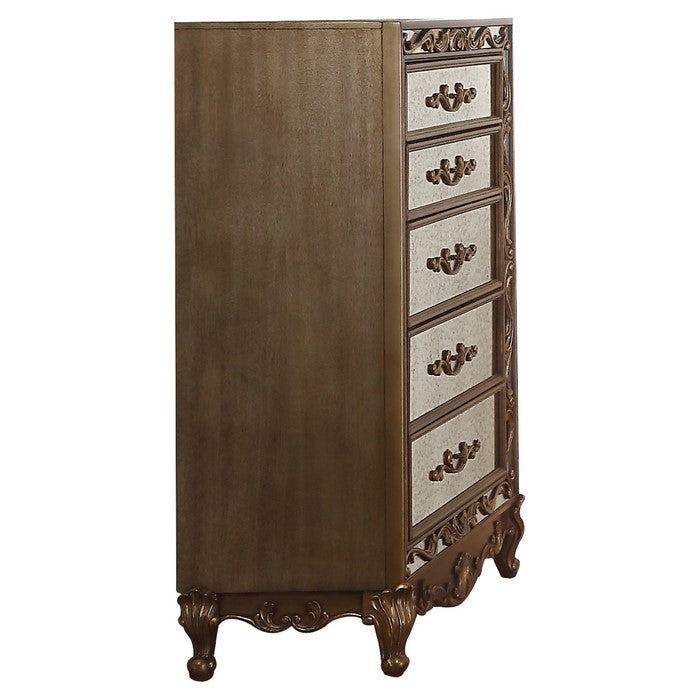 5 Drawer Wooden Chest with Mirror Inserts and Scrollwork, Gold